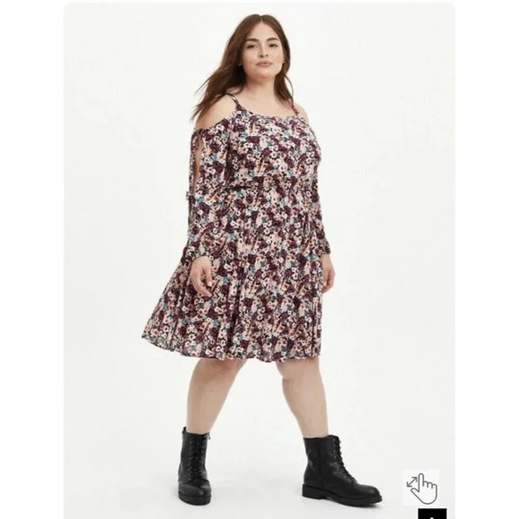 Mini Gauze Dark Floral Midi Length Tie Long Sleeve Cold Shoulder Skater Dress 6X - Picture 1 of 16